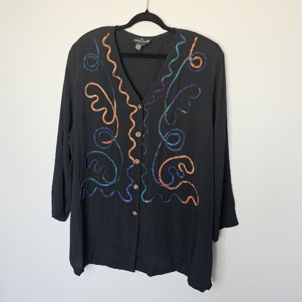 Carole Little Vintage Black Crinkle Gauze‎ Rainbow Soutache Blouse Plus 24W Rose